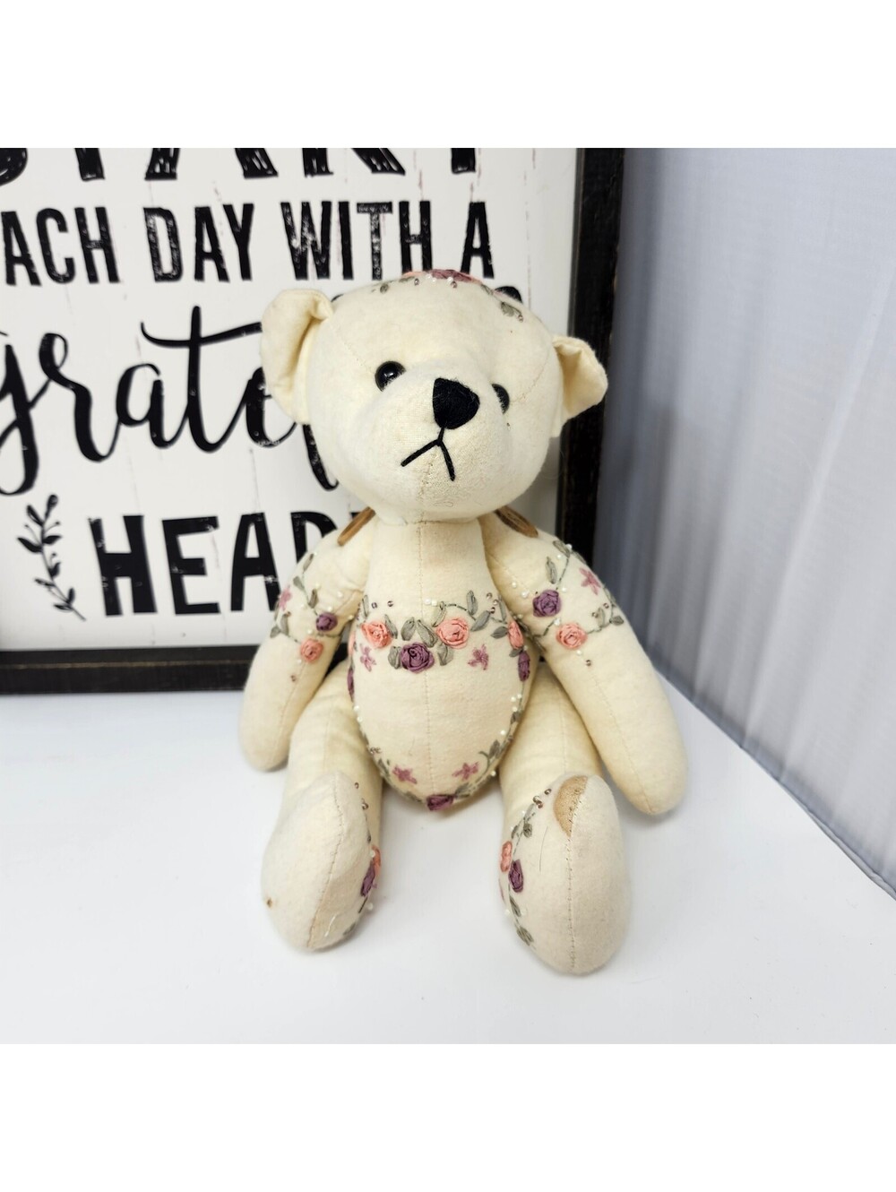 Delton Teddy Bear 12” Ribbon Embroidery Roses Beaded Jointed Collectible